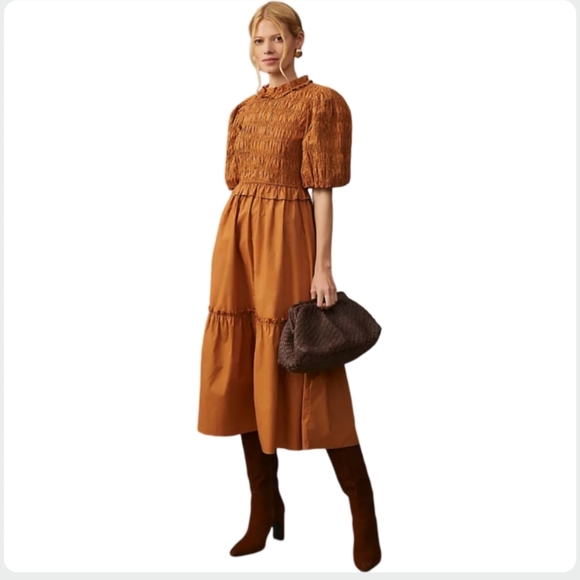 Anthropologie Moon River Caramel Smocked Midi Dress Puff Sleeve M - Picture 6 of 15
